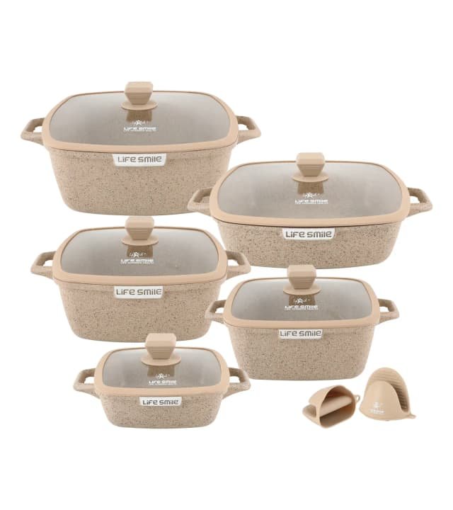 10 Pcs Square Granite Coated Nonstick Cookware Set with Glass Lids and Silicone Gloves